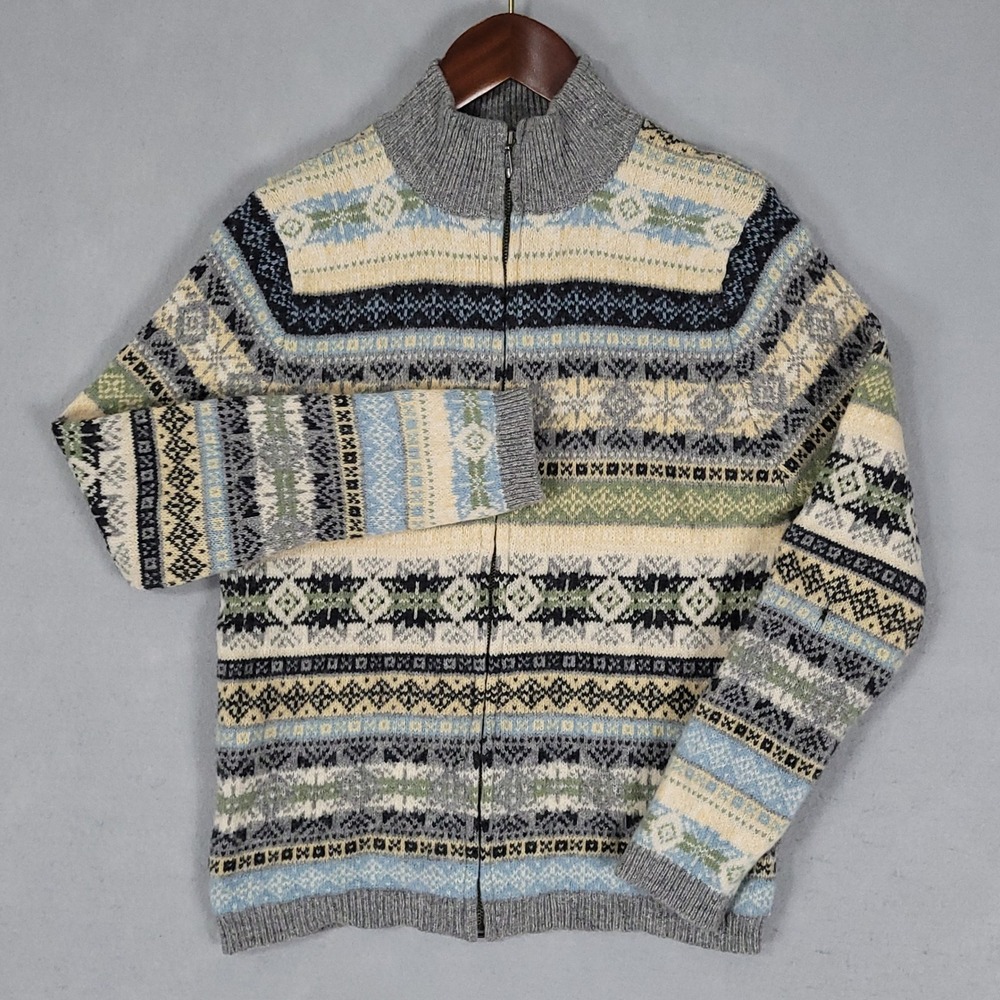 Eddie Bauer Cardigan Women M Grey Fair Isle Regular Lambswool AKA Full Zip
